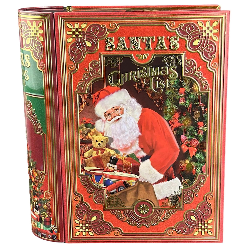 Weihnachtsdose: Große Buchdose Santa´s List – aufwändig geprägt und bedruckt.