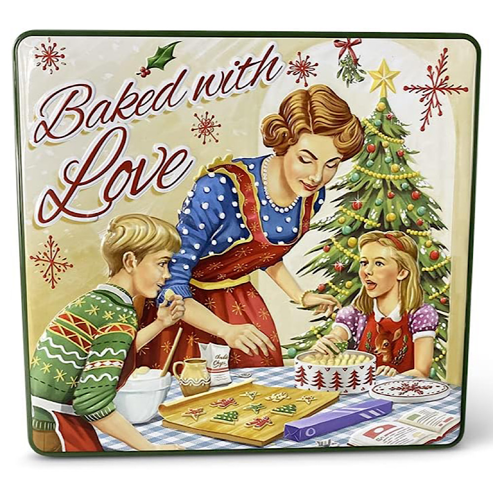 Geschenkdose mit Aufschrift “Baked with Love” im Retro-Look mit vielen Details