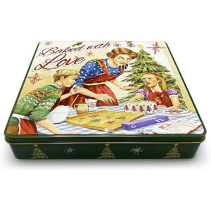 Geschenkdose mit Aufschrift "Baked with Love" im Retro-Look mit vielen Details