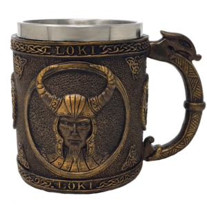 Götterkrug Loki - mittelalterlicher Krug mit Lokikopf und herausnehmbarem Edelstahleinsatz
